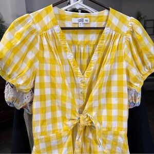 Yellow and White Puff Sleeve Jumpsuit with Tie Front